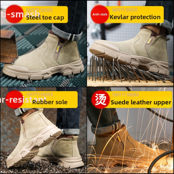 Pantofi de protecție pentru muncă, cu vârf din oțel, rezistenți la zdrobire și perforare, ușori, fără șireturi, din piele de vițel pentru sudură