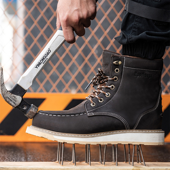 Pantofi de lucru antișoc și anti-perforație, cu vârf din oțel, guler mediu, piele Crazy Horse primul strat