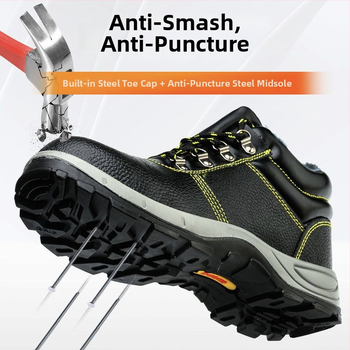 Pánske zimné pracovné topánky s oceľovou špičkou, vysoký horný okraj, proti rozbitiu a proti prepichnutiu, pre stavebné práce, hovädzia koža