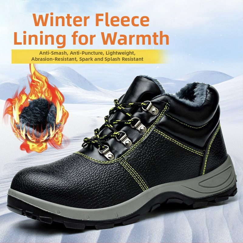 Pánske zimné pracovné topánky s oceľovou špičkou, vysoký horný okraj, proti rozbitiu a proti prepichnutiu, pre stavebné práce, hovädzia koža
