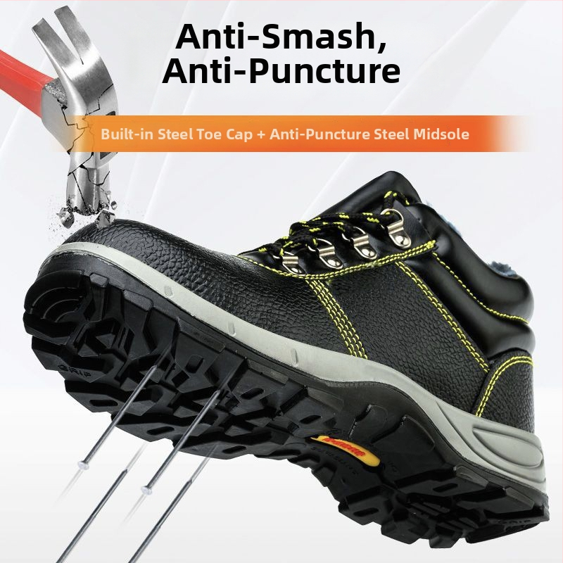Pánske zimné pracovné topánky s oceľovou špičkou, vysoký horný okraj, proti rozbitiu a proti prepichnutiu, pre stavebné práce, hovädzia koža