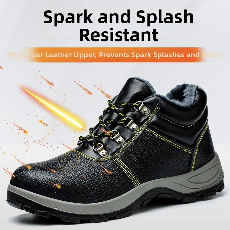 Pánske zimné pracovné topánky s oceľovou špičkou, vysoký horný okraj, proti rozbitiu a proti prepichnutiu, pre stavebné práce, hovädzia koža
