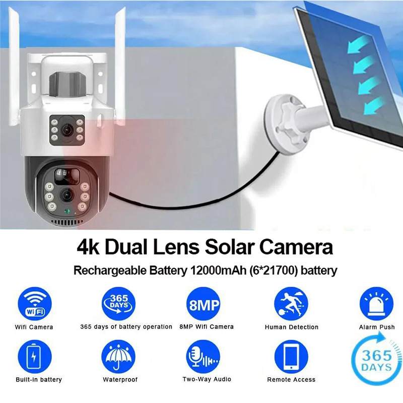 Youfeiyang V380 4G cameră solară pentru exterior cu obiectiv dual, rezoluție 1920, obiectiv 4 mm, distanță IR 10 m, funcție de alarmă
