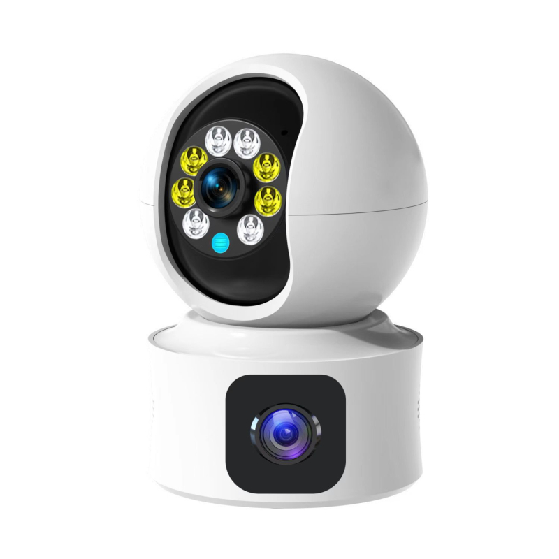 Beltéri Wi‑Fi megfigyelő kamera kettős objektívvel és távvezérléssel okostelefonról, PTZ: függőleges 120°, vízszintes 350°, forgási korlát 355°, sebességek 70°/s vízszintes és 30°/s függőleges