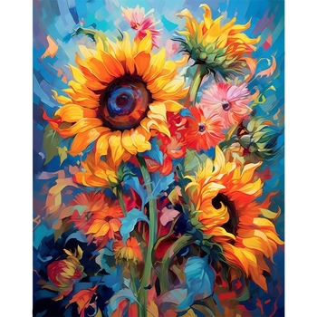 Keresztszemes készlet – napraforgó táj, 11CT pamut vászon, DIY falikép