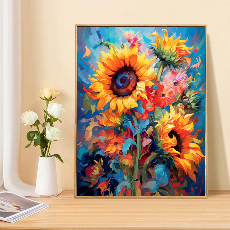 Keresztszemes készlet – napraforgó táj, 11CT pamut vászon, DIY falikép