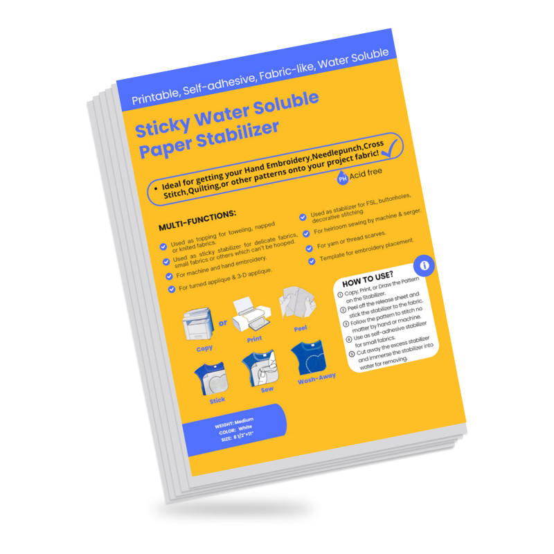 Ragasztóval ellátott vízoldékony nemszövött stabilizátor gyümölcs témájú hímzéshez, PVA, 45 g/m², mintaminta útmutatóval