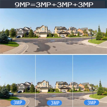 Camera impermeabilă cu vizualizare panoramică 360°, obiective duale, Wi‑Fi, utilizare în exterior, detecție de mișcare