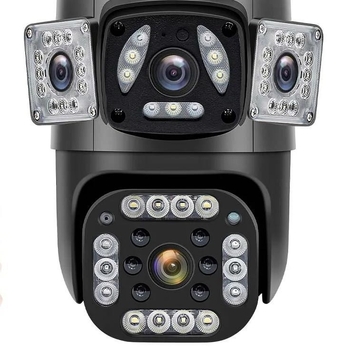 Camera impermeabilă cu vizualizare panoramică 360°, obiective duale, Wi‑Fi, utilizare în exterior, detecție de mișcare