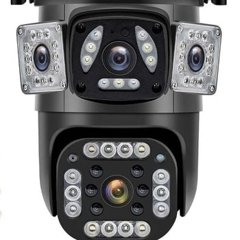 Camera impermeabilă cu vizualizare panoramică 360°, obiective duale, Wi‑Fi, utilizare în exterior, detecție de mișcare