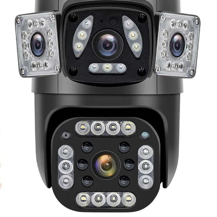 Camera impermeabilă cu vizualizare panoramică 360°, obiective duale, Wi‑Fi, utilizare în exterior, detecție de mișcare