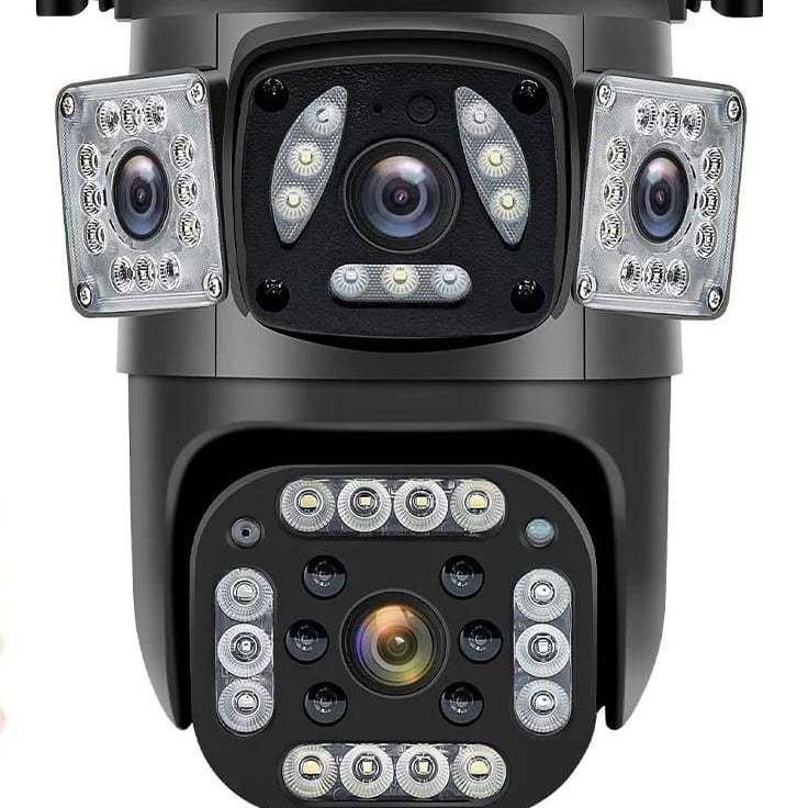 Camera impermeabilă cu vizualizare panoramică 360°, obiective duale, Wi‑Fi, utilizare în exterior, detecție de mișcare