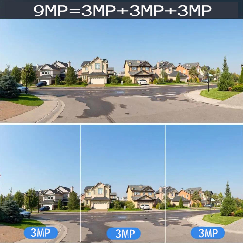 Camera impermeabilă cu vizualizare panoramică 360°, obiective duale, Wi‑Fi, utilizare în exterior, detecție de mișcare