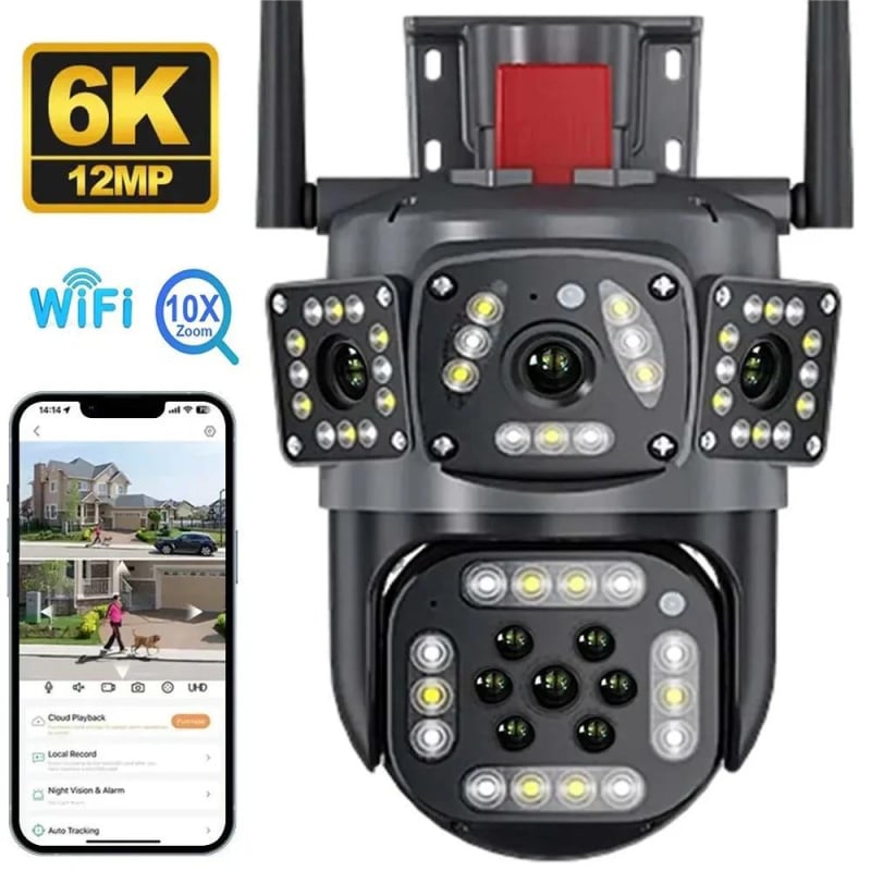 Camera impermeabilă cu vizualizare panoramică 360°, obiective duale, Wi‑Fi, utilizare în exterior, detecție de mișcare