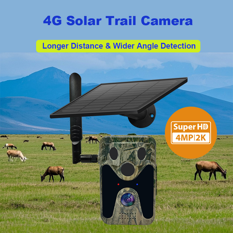 Camera de vânătoare 4G, solar pentru exterior, vizionare infraroșu noaptea 30m, 4MP/2.5K, obiectiv 2.8mm