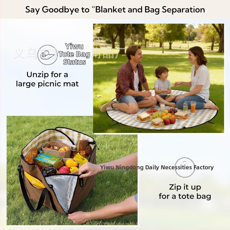 Pikniková deka s skladacím taškou — polyesterové vlákna; hlavná látka: polyester; Oxford látka; sekundárna látka: polyester; vodotesný vrstva z hliníkovej fólie