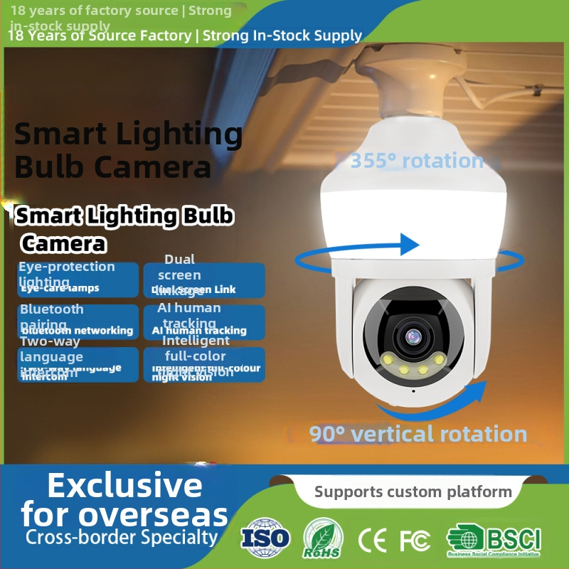 Vnútorná inteligentná žiarovka s kamerou na dohľad, PTZ 355° horizontálne, 90° vertikálne, rýchlosti 30°/s a 20°/s, AC 100–240V, montáž do svietidla