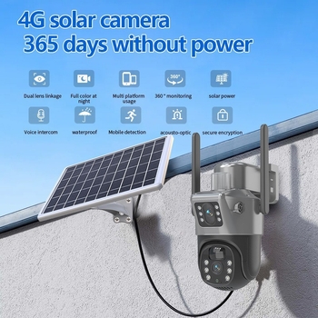 V380 cameră solară cu două lentile, 4G/Wi-Fi, iluminare minimă 0.00001 lux, SNR > 44 dB, temperatură de funcționare -20 până la 55 °C, alimentare 5V
