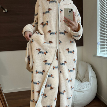 Ženski kapucjašni pižama ogrtač od pamučnog velura s ispisom šteneta, gust materijal, dugi rukavi, kardigan stil, udobna kućna odjeća