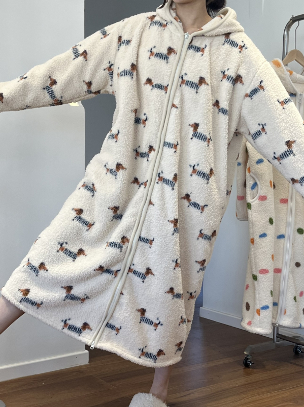 Ženski kapucjašni pižama ogrtač od pamučnog velura s ispisom šteneta, gust materijal, dugi rukavi, kardigan stil, udobna kućna odjeća