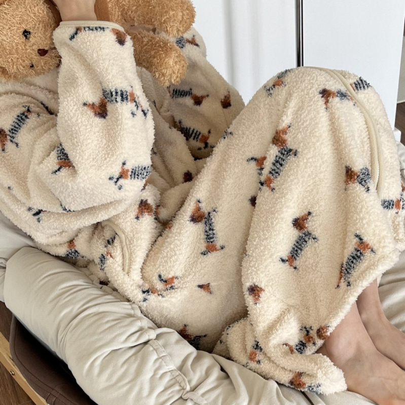 Ženski kapucjašni pižama ogrtač od pamučnog velura s ispisom šteneta, gust materijal, dugi rukavi, kardigan stil, udobna kućna odjeća