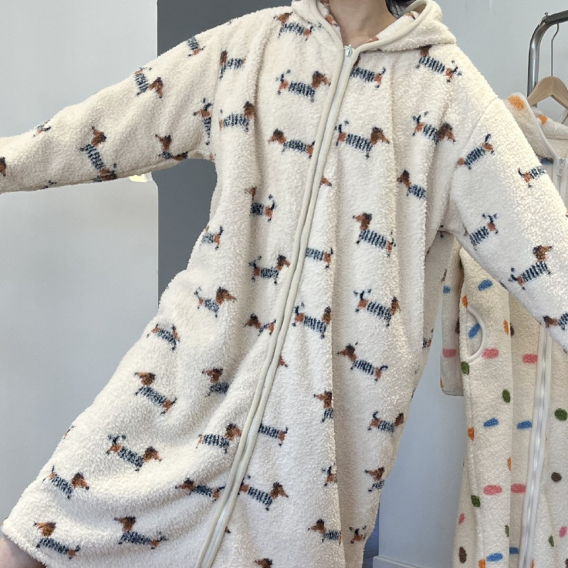 Ženski kapucjašni pižama ogrtač od pamučnog velura s ispisom šteneta, gust materijal, dugi rukavi, kardigan stil, udobna kućna odjeća