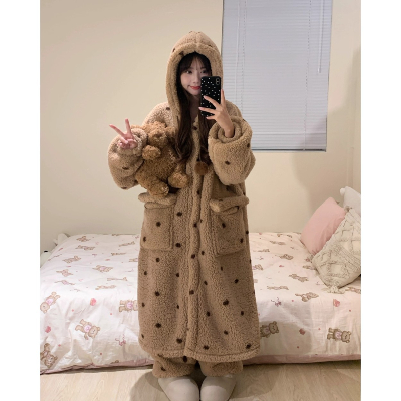 Ženski set pidžama od Coral fleece s dugim rukavima i hlačama, debeli materijal 201-250 g/m², glavna tkanina 30-50% pamuk