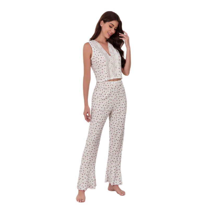 Floralni set za kućnu odjeću bez rukava, visoki struk, hlače zvonastog kroja, Ice Silk materijal, gornji dio s V-izrezom