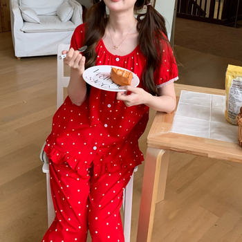 Set pijamale din bumbac, guler rotund, mâneci 3/4, țesătură ușoară 121–140 g/m², relaxare acasă