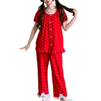 Set pijamale din bumbac, guler rotund, mâneci 3/4, țesătură ușoară 121–140 g/m², relaxare acasă