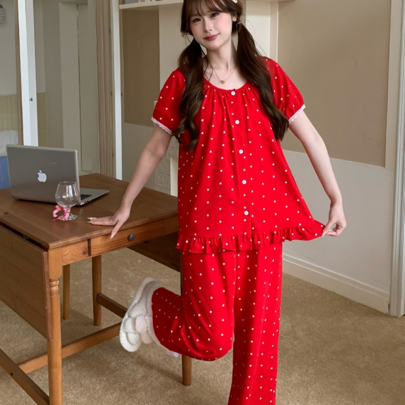 Set pijamale din bumbac, guler rotund, mâneci 3/4, țesătură ușoară 121–140 g/m², relaxare acasă