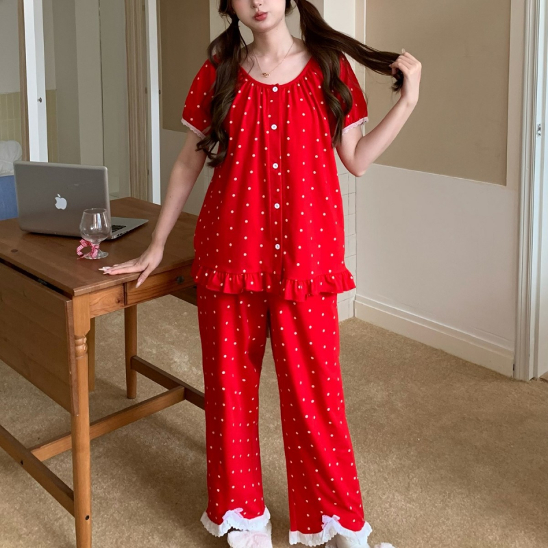 Set pijamale din bumbac, guler rotund, mâneci 3/4, țesătură ușoară 121–140 g/m², relaxare acasă