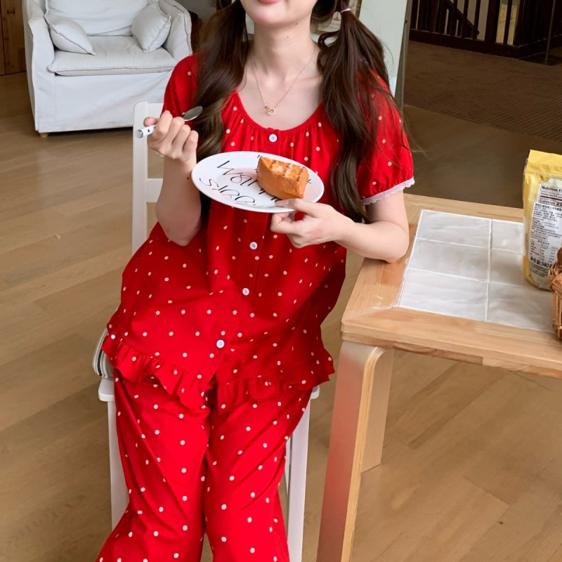 Set pijamale din bumbac, guler rotund, mâneci 3/4, țesătură ușoară 121–140 g/m², relaxare acasă