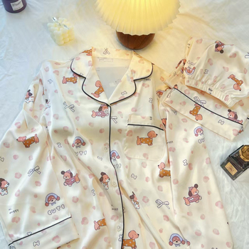 Ice Silk pidžama set s crtić dizajnom, dugi rukavi, tanko prozračan materijal, udoban za spavanje