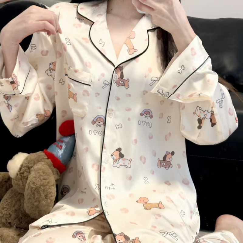 Ice Silk pidžama set s crtić dizajnom, dugi rukavi, tanko prozračan materijal, udoban za spavanje