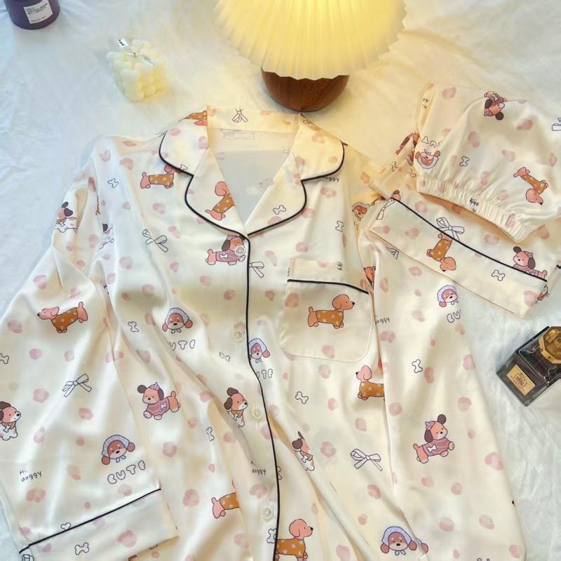 Ice Silk pidžama set s crtić dizajnom, dugi rukavi, tanko prozračan materijal, udoban za spavanje