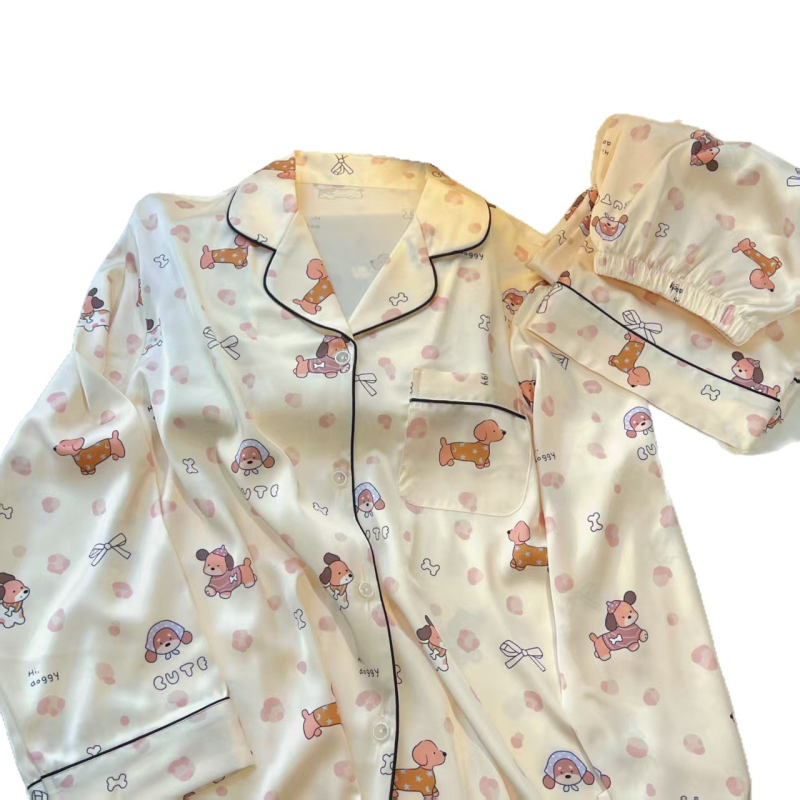 Ice Silk pidžama set s crtić dizajnom, dugi rukavi, tanko prozračan materijal, udoban za spavanje
