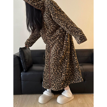 Ženska noćna pidžama s kapuljačom, leopard uzorak od koralnog fleksa, za zimu