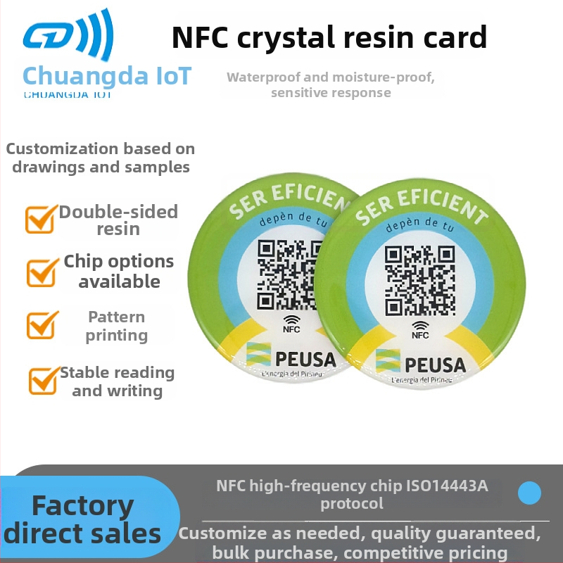 NTAG213/215/216 NFC epoxidová karta – inteligentná karta pre elektronické vizitky, kapacita 144/504/888×8, čas čítania/písania 10, dosah snímania 1–10, epoxidová PVC kapsula