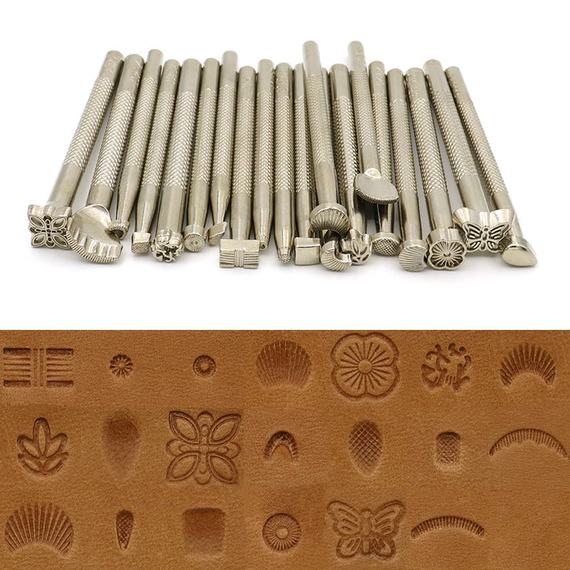 Set de unelte pentru prelucrarea pielii: gravură și ștanțare, model JF201228, cu unelte din oțel de instrumente și mânere din oțel (Model: JF201228; Material principal: oțel de instrumente; Mâner: oțel; Seria: Unelte pentru piele)