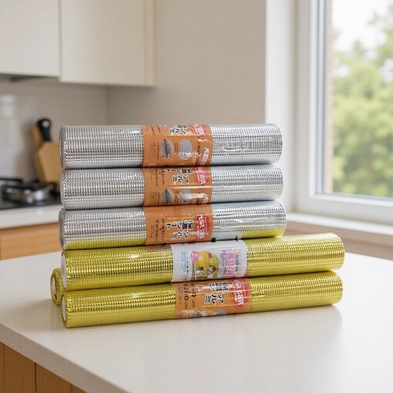 Εσωτερική επένδυση ντουλαπιού για συρτάρια και ντουλάπια από PE, χωρίς κόλλα, ανθεκτική σε λιπαρούς ρύπους και υγρασία, με στρώμα αλουμινίου; PE 98%, PVC 2%