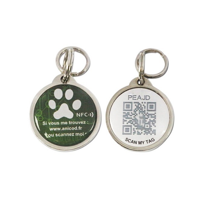 NFC lemmiklooma identifikatsioonikaar dünaamilise epoksükattega, QR-kood, metalläär, PVC kaart (kohandamine saadaval)