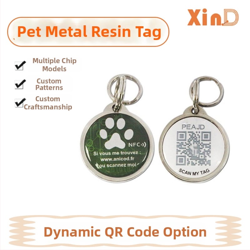 NFC lemmiklooma identifikatsioonikaar dünaamilise epoksükattega, QR-kood, metalläär, PVC kaart (kohandamine saadaval)