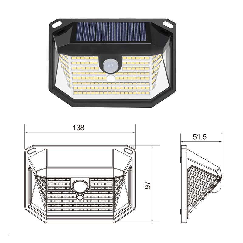 Solarni zidni svjetiljka s 416 LED, IP64 vodootporna, vanjski dvorišni/ vrtni rasvjeta s trostratim osvjetljenjem i senzorom pokreta