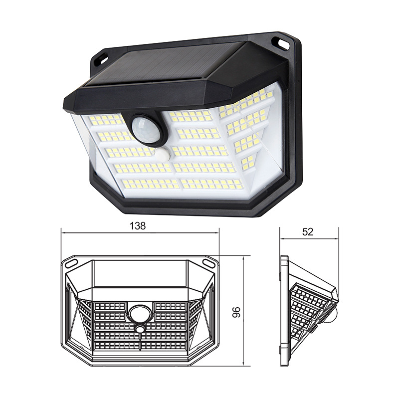 Solarni zidni svjetiljka s 416 LED, IP64 vodootporna, vanjski dvorišni/ vrtni rasvjeta s trostratim osvjetljenjem i senzorom pokreta