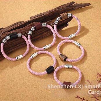 Rokassprādze no sandalwood koka ar IC+ID čipu piekļuves kontrolei, pletena ādas aukla, bezkontakta karte, uzglabāšanas ietilpība 1152/4096