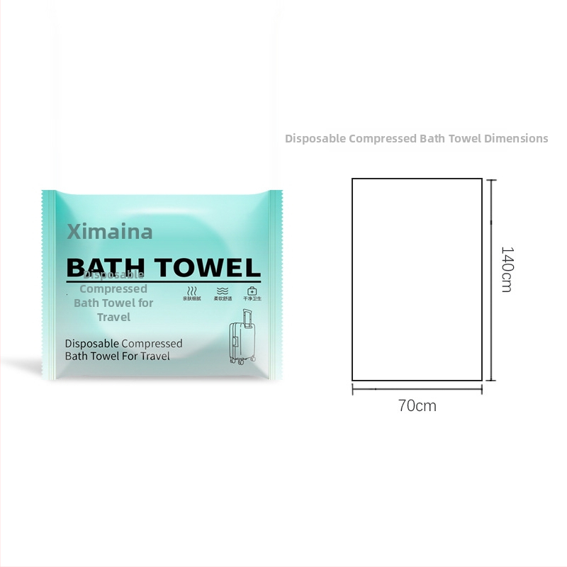 Kompresný uterák na kúpeľ, jednorazový, z 100% viskóového vlákna, možnosť personalizácie loga, spracovanie s kresbami, vzorkami a materiálmi, nasiakavosť 0–5 s, vhodné pre hotely a cesty