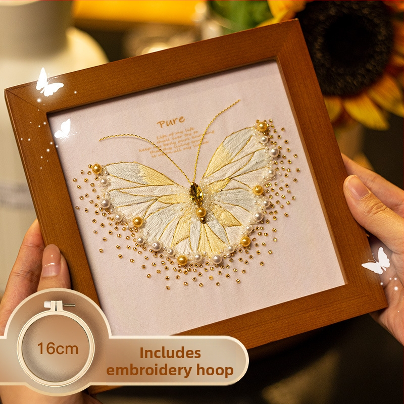 DIY készlet gyöngyhímzéshez francia stílusban – motívum pillangó a keretben, otthoni dekorációhoz, kézzel készített ajándék • Anyag: nyomtatott vászon • Stílus: francia • Műfaj: pasztorális francia