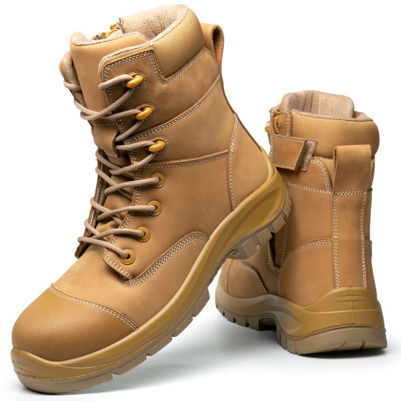 Ghete de protecție pentru muncă, înalte, cu vârf din oțel, anti-șoc și anti-perforație, piele de vițel, talpă din cauciuc