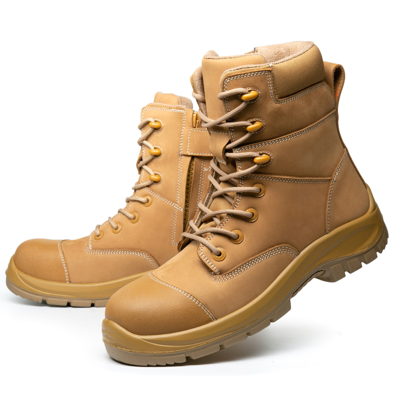 Ghete de protecție pentru muncă, înalte, cu vârf din oțel, anti-șoc și anti-perforație, piele de vițel, talpă din cauciuc